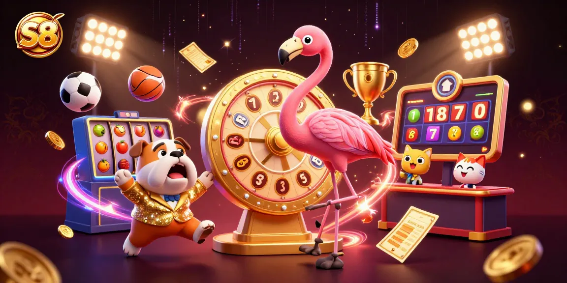 S8 spins a golden prize wheel as a bulldog contestant celebrates with vibrant slot elements