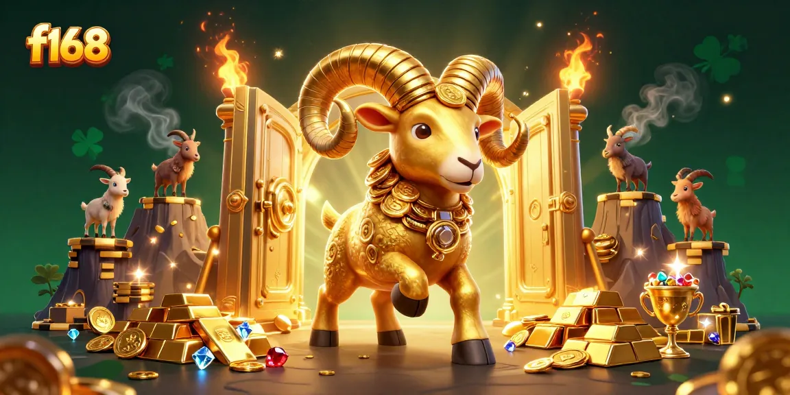 Experience f168's exciting online casino environment with a dynamic golden ram, treasure vault, and vibrant jewels.