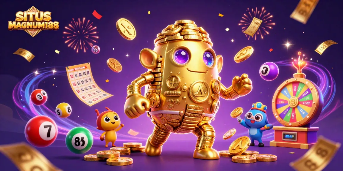 Engage with premium gaming excitement at SITUS MAGNUM188 showcasing a golden golem surrounded by vibrant lottery elements.