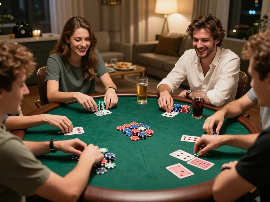 Friends enjoying a lively home poker game while exploring keonhacai strategies for better betting.