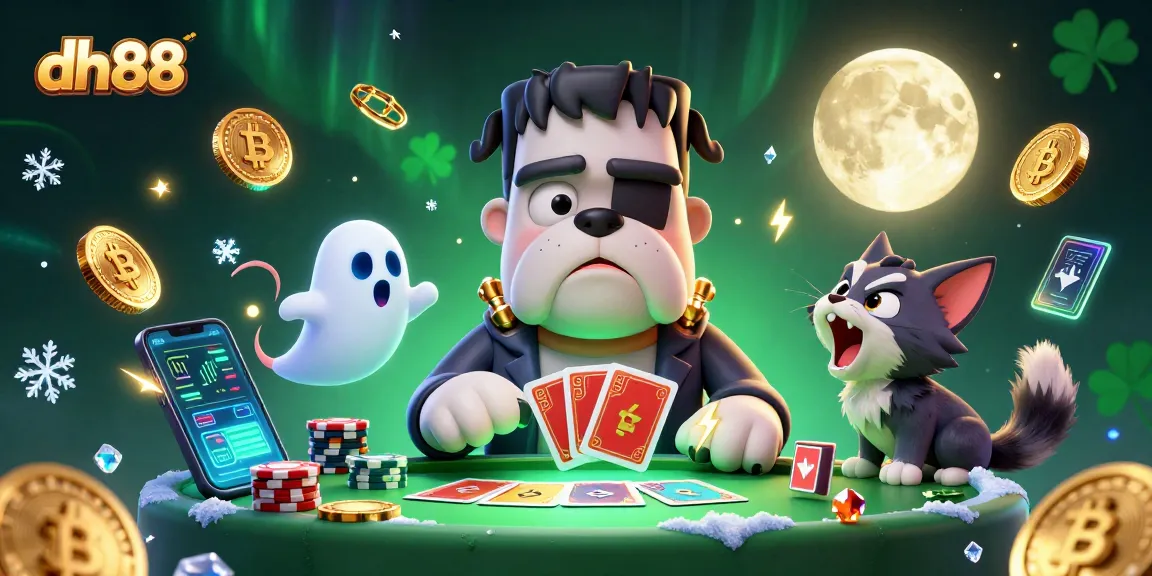 Experience thrilling dh88 action with animated characters, cards, and crypto elements at a vibrant casino scene.