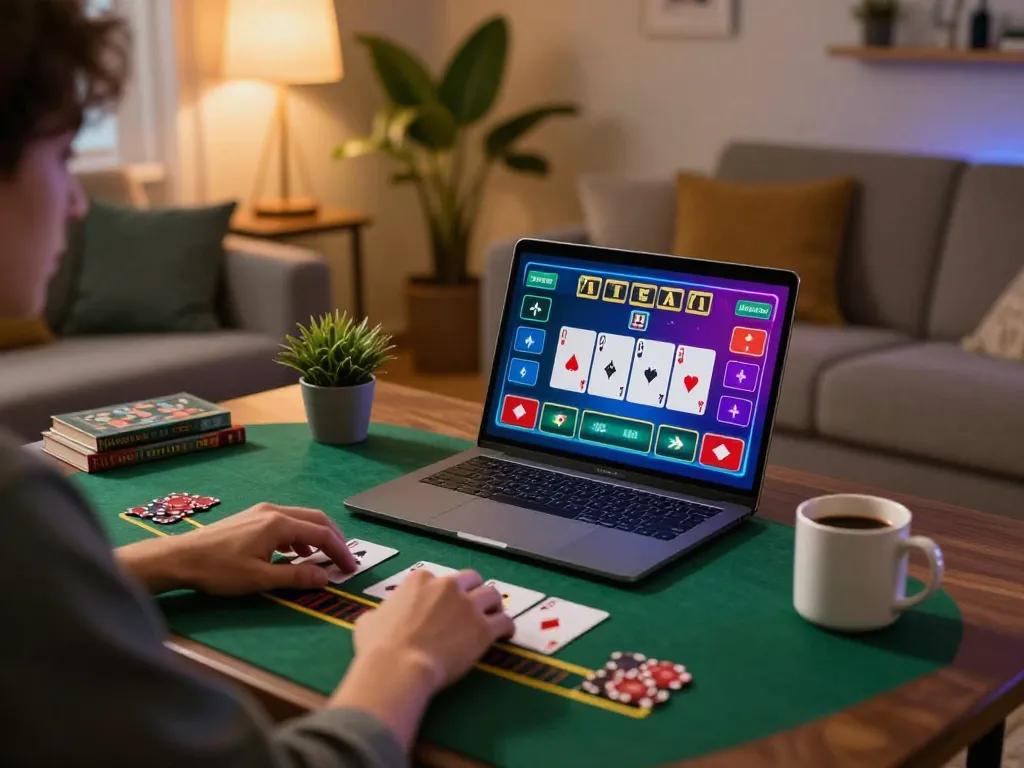 Engaging in online blackjack gameplay with sun win on the laptop screen in a cozy home setting.