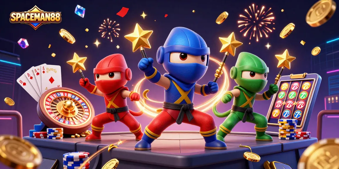 SPACEMAN88 ninja chameleons celebrate with coins and casino elements in a lively scene.