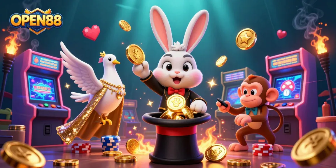 Win big at OPEN88 with a magical 3D casino scene featuring a playful rabbit, dove, and monkey.