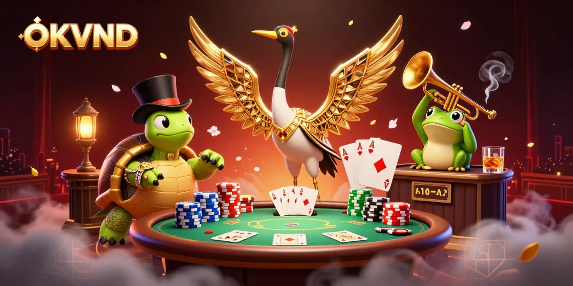 Engage with the vibrant scene of OKVND, showcasing a lively casino atmosphere filled with poker action and playful characters.