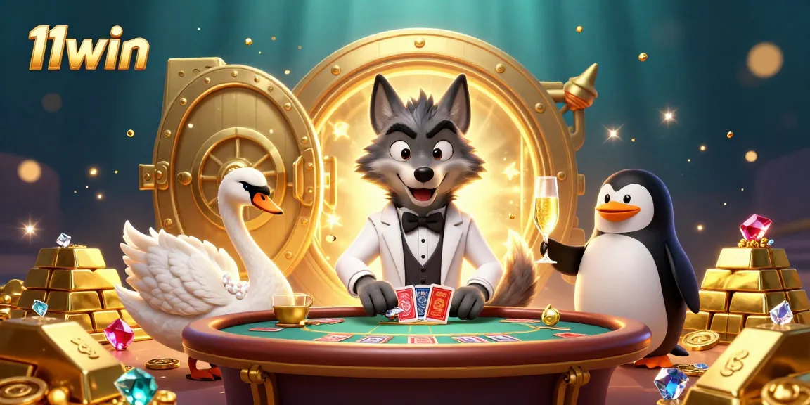 Experience the thrill of 11win with a lively 3D illustration of characters enjoying baccarat.