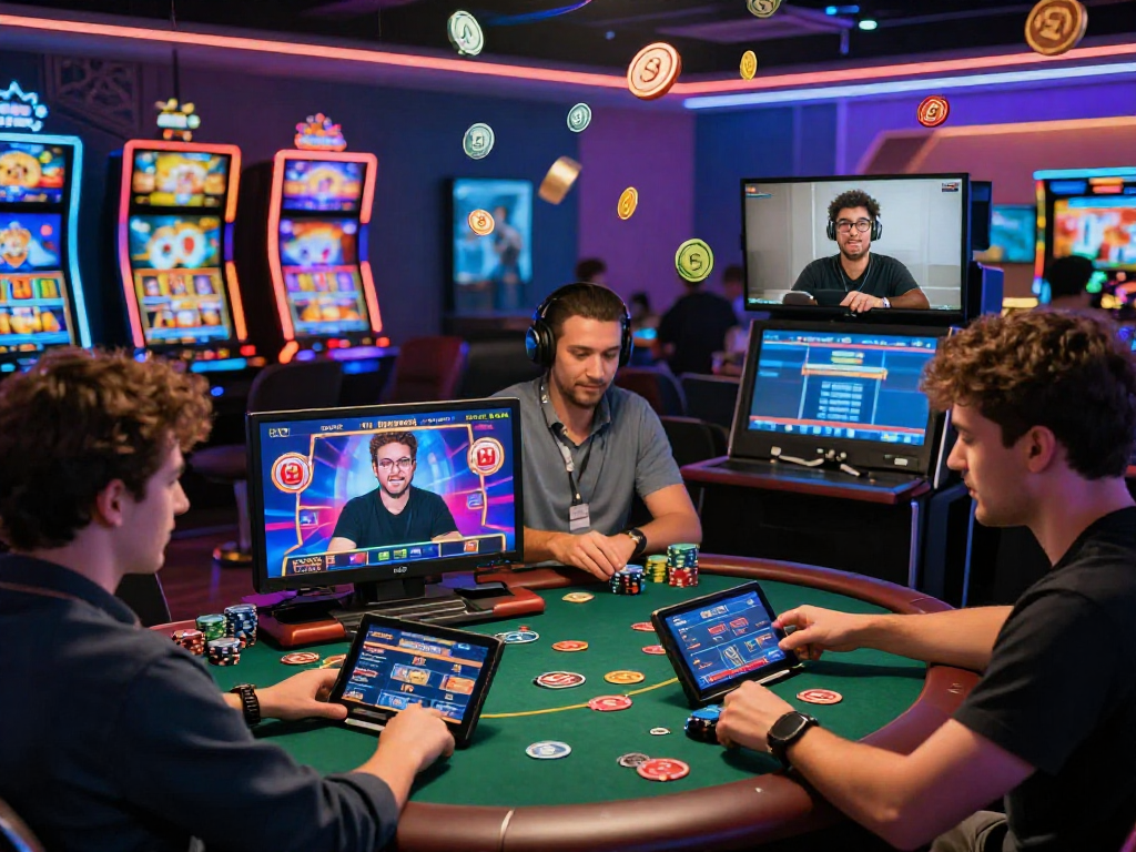 Scena di gioco online nei migliori casino non AAMS, con persone impegnate in giochi e interazioni virtuali.