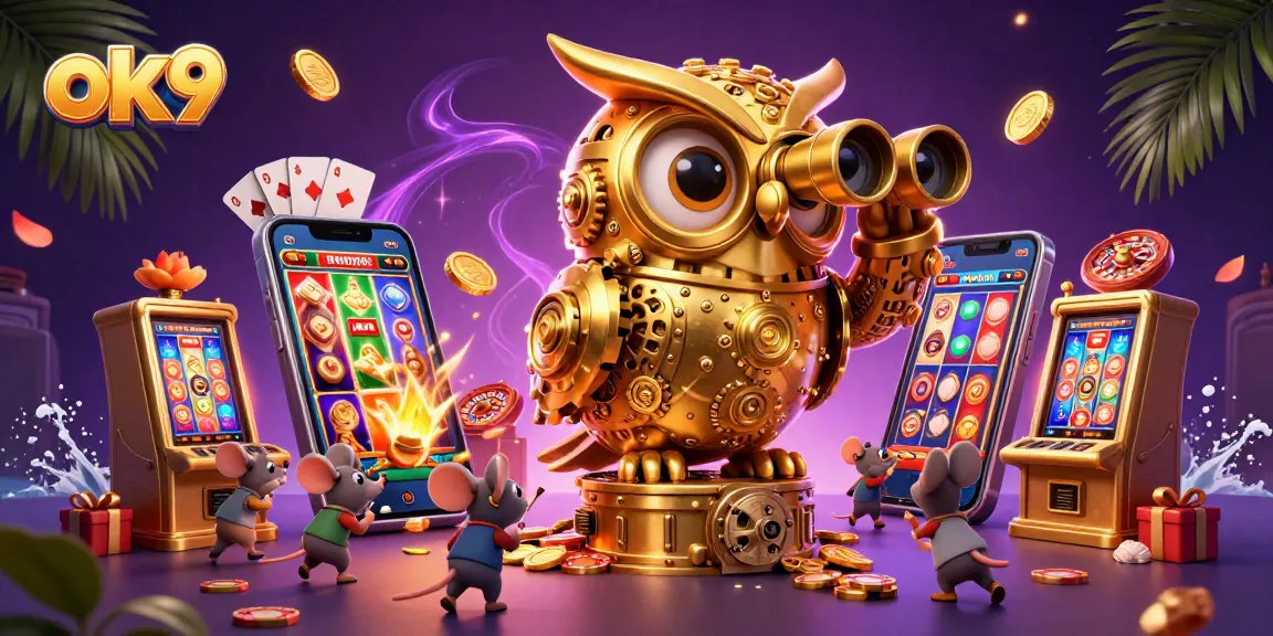 Experience the excitement of ok9 with a vibrant 3D casino scene filled with characters and games.