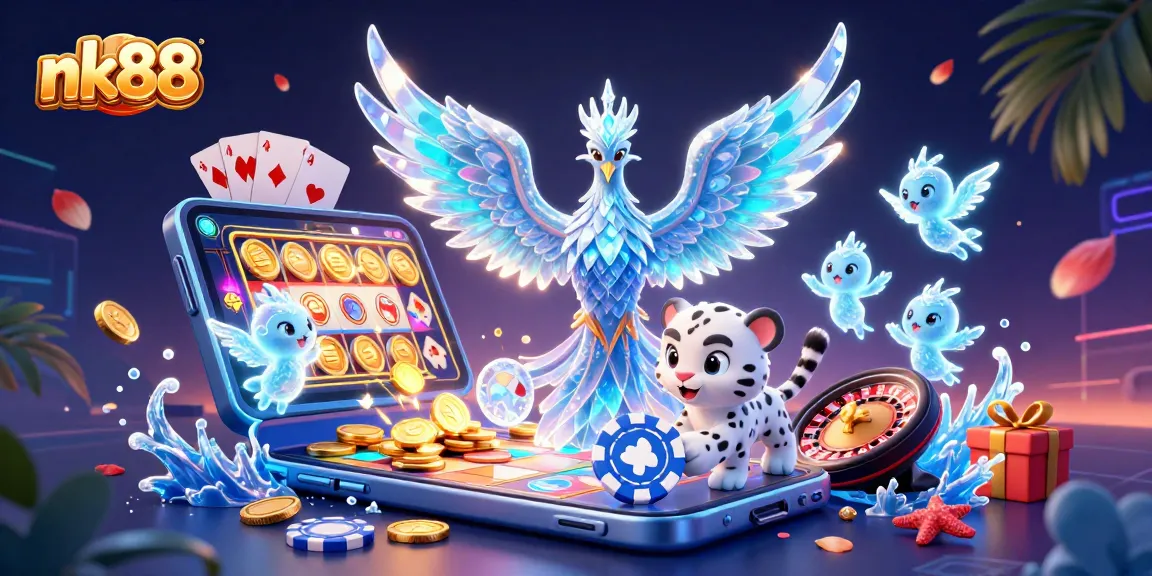 Spin and win with nk88, showcasing an ice phoenix, ice sprites, and dynamic gambling elements.