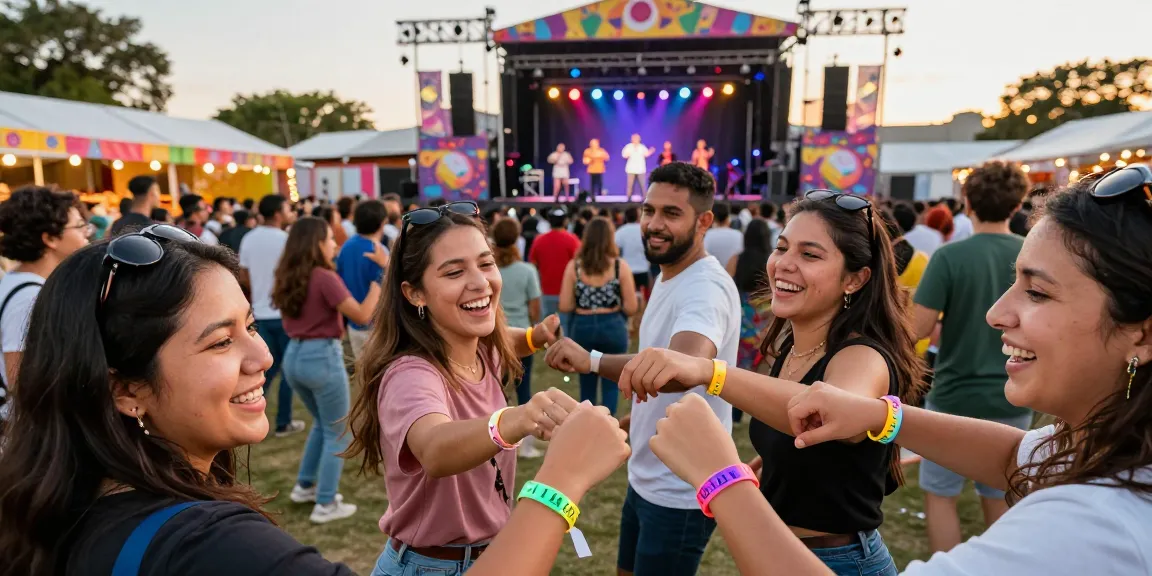 Pulseras electrónicas para festivales enhancing festival experience with vibrant crowd enjoying live music and activities.