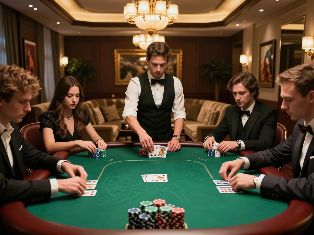 VT88 poker players engaged in strategic gameplay at a luxurious lounge table.