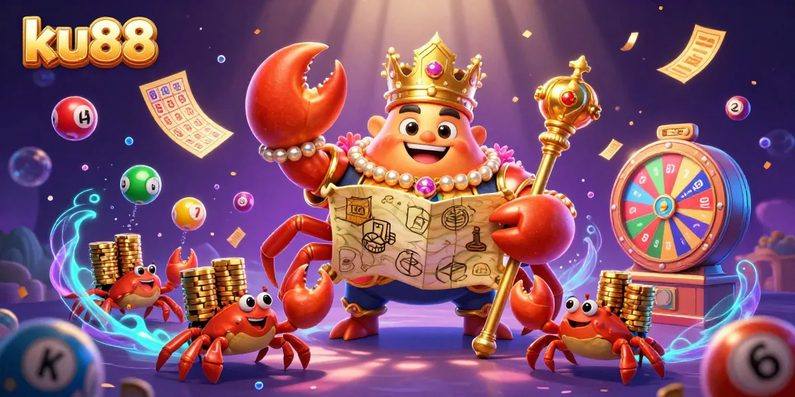 ku88 showcases a vibrant casino scene with a golden crab emperor and lottery elements dynamically dancing around, inviting players to join.