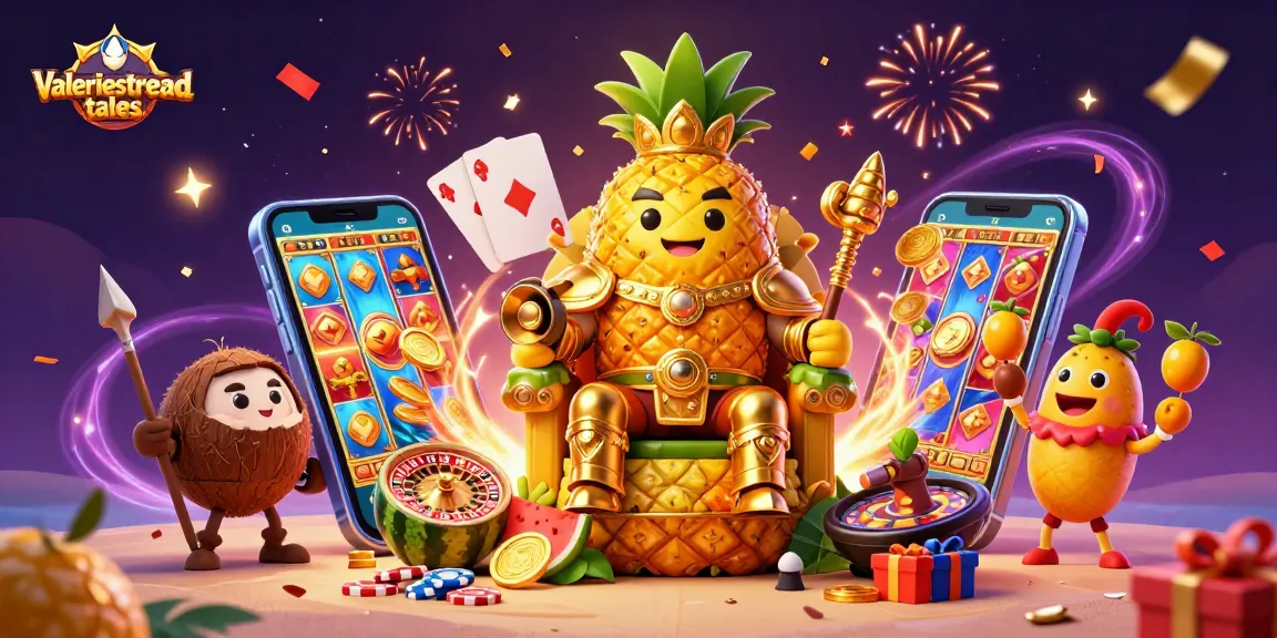 Engage with valeriesthreadtales as the golden pineapple king rules slot games in a vibrant casino scene.