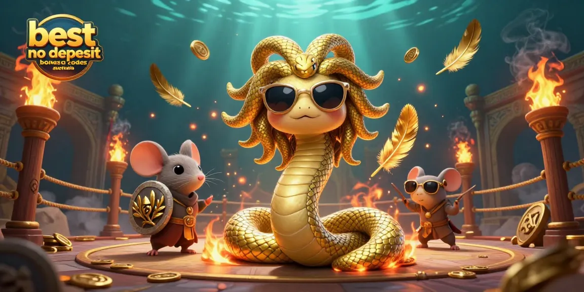 Explore the best no deposit bonus codes Australia in this vibrant, 3D casino scene featuring Medusa and strategic game elements.