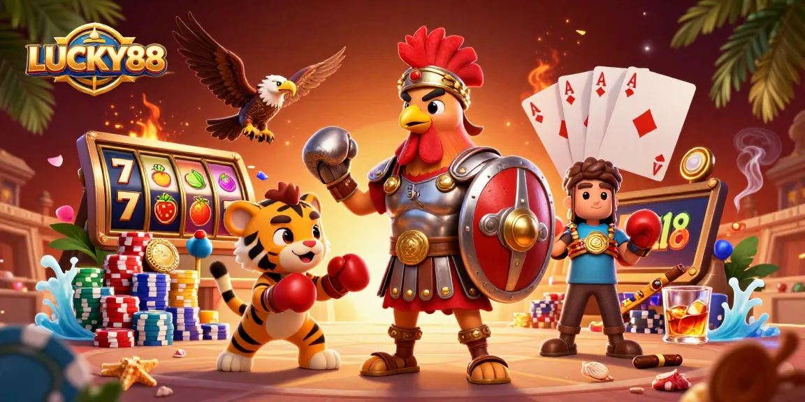 Experience the excitement of LUCKY88 slots with a dynamic 3D casino scene featuring playful characters.