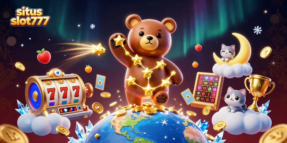 Experience thrilling gameplay at situs slot777 with golden stars and slot machine elements captivated under a night sky.