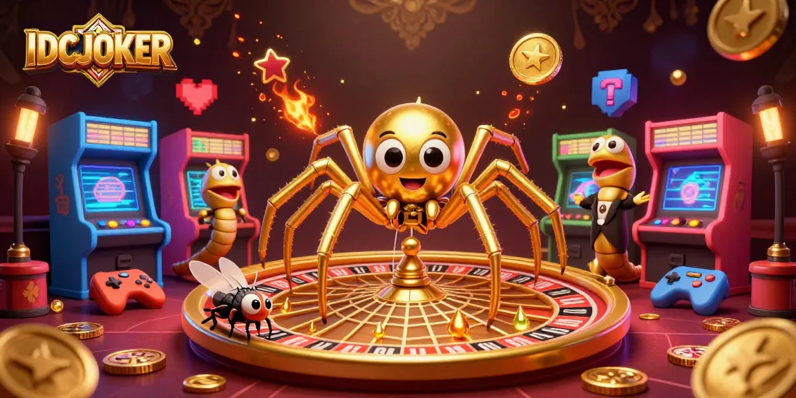IDCJOKER offers thrilling bets as a fly nervously engages a spider croupier in a dynamic online casino scene.