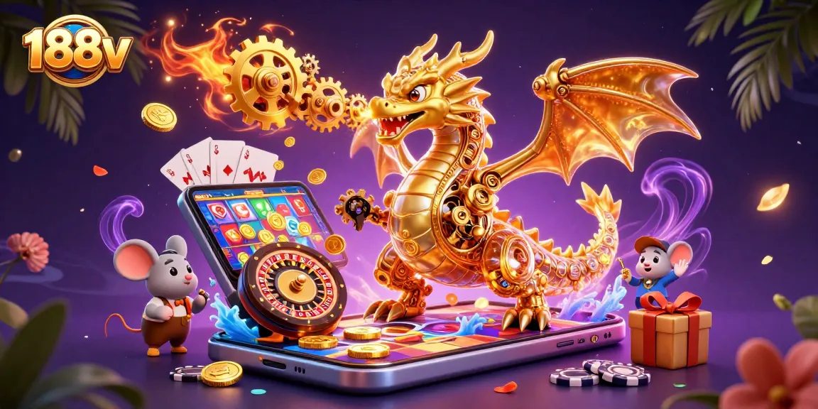 Play exciting slot games with 188v's dynamic elements featuring a golden dragon, coins, and poker cards.
