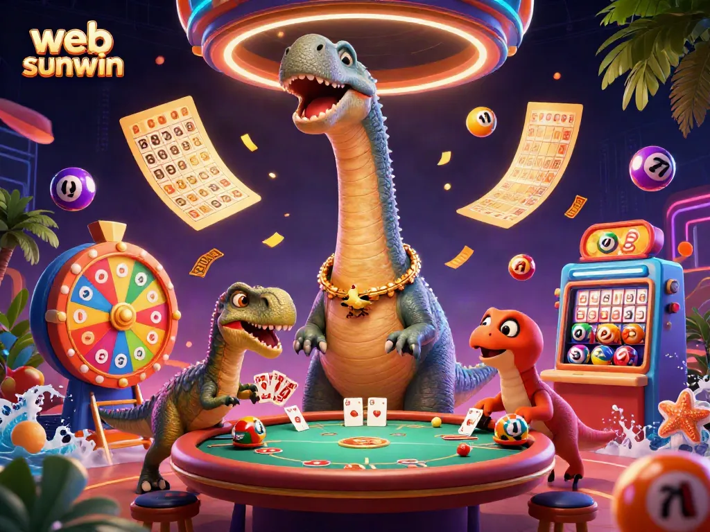 Engage with web sunwin's exciting gaming scene, featuring a dinosaur dealer in a lively casino setting.