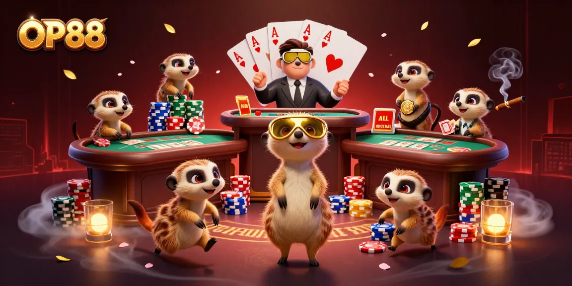 Experience OP88's vibrant casino world with meerkats running games in a colorful illustration.