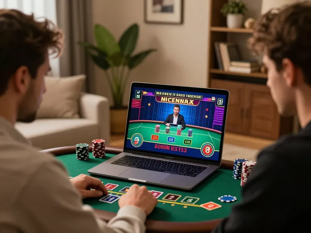 Player immersed in MM 88 online blackjack game on laptop in cozy home setting.
