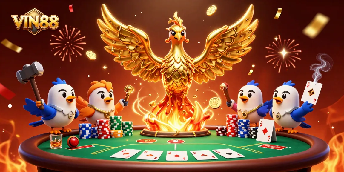 Win big at VIN88 with a captivating illustration of a molten phoenix and poker scene.