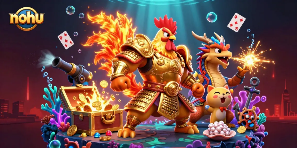 Nohu engages with excitement, featuring a fierce rooster warrior and a dragon hatchling amidst treasures and gaming elements.