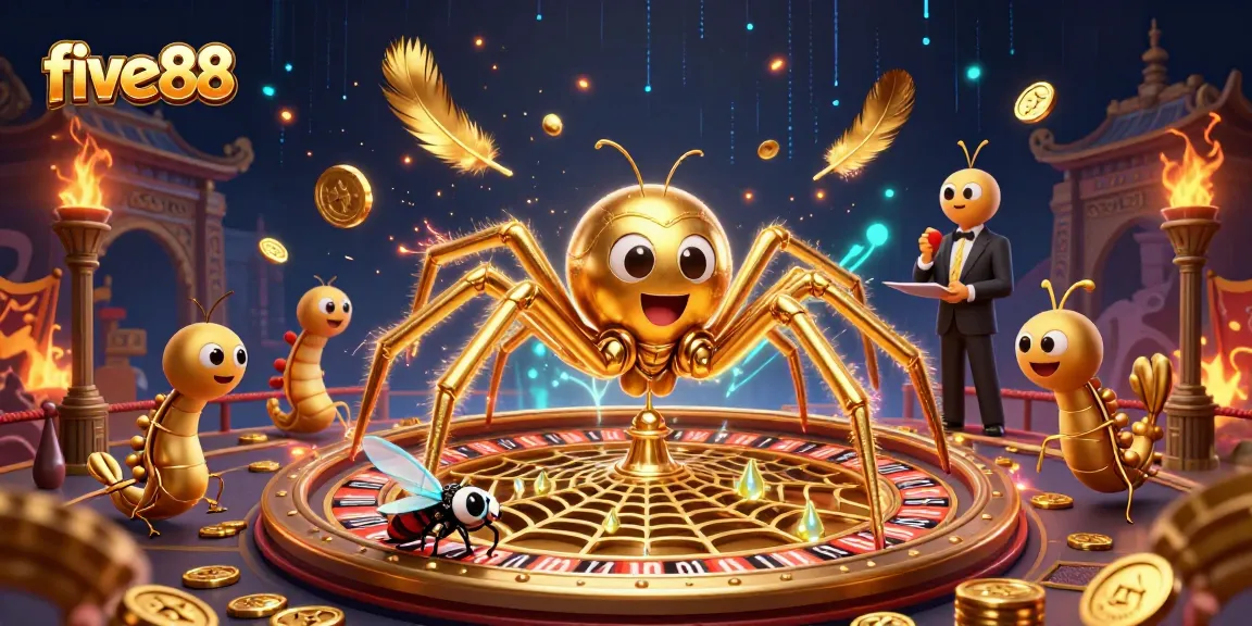 Place bets at five88 with a golden spider and centipede croupier amidst a vibrant casino scene.