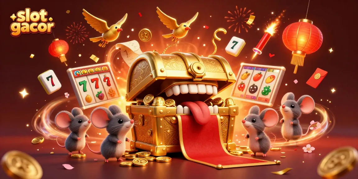 Experience the excitement of slot gacor with rich visuals of treasure chests and game symbols.