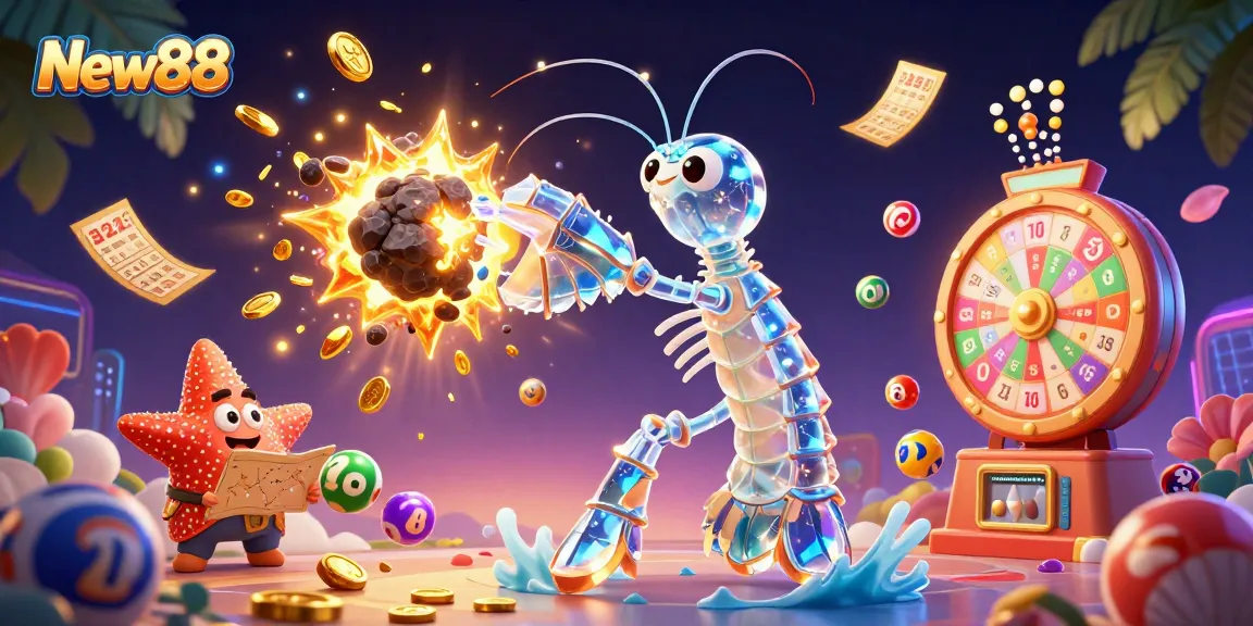 Engage with New88 through a vibrant scene depicting thrilling gambling activities with colorful gaming elements.