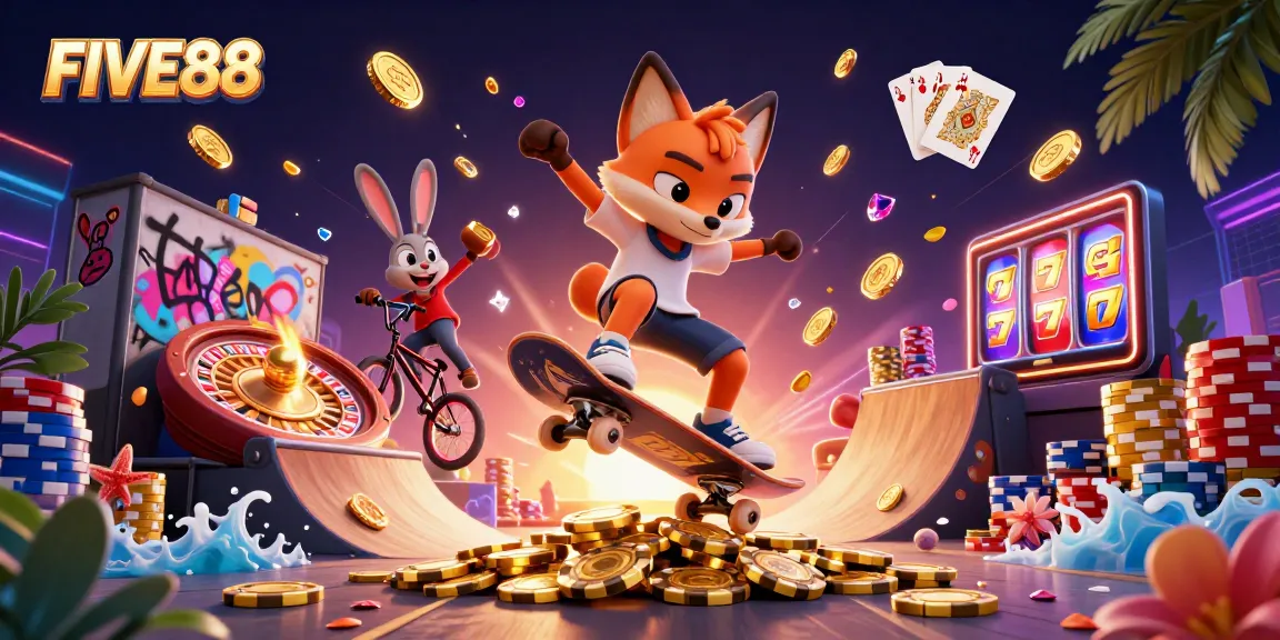 Engage with FIVE88 in this dynamic casino scene featuring a skateboard fox and BMX rabbit