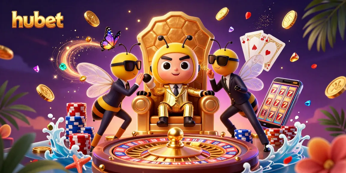 Engage with hubet's vibrant casino scene showcasing a bumblebee mob boss, dazzling games, and glimmering treasures