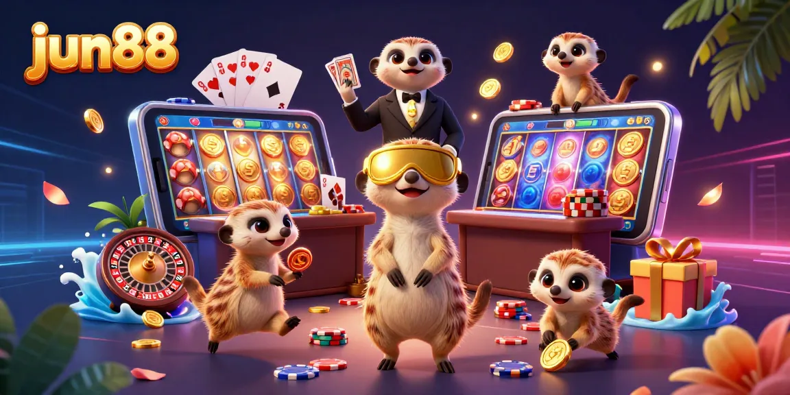 Experience exciting games at jun88 with a dynamic meerkat casino scene, showcasing gaming action and fun.