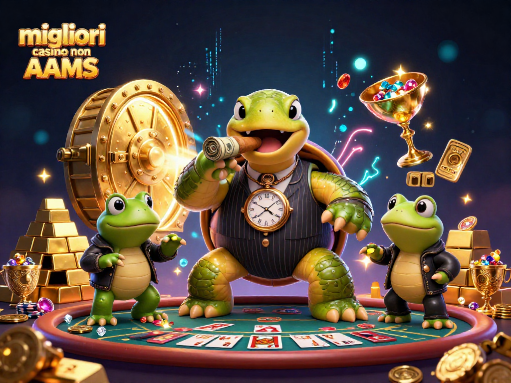 I migliori casino non AAMS in un'illustrazione 3D di tartaruga e ranocchi su un tavolo da poker.