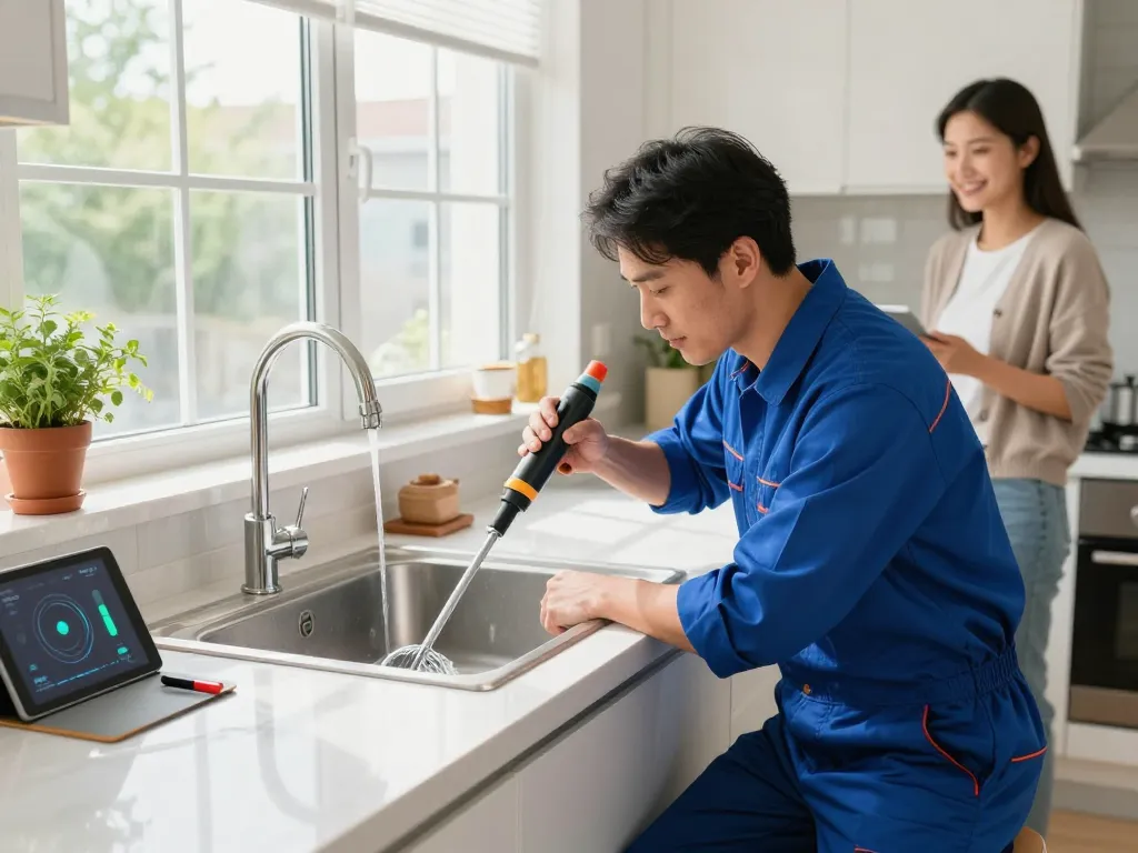 Drain cleaning technician fixing a clogged sink in a modern kitchen, showcasing professional service and customer engagement.