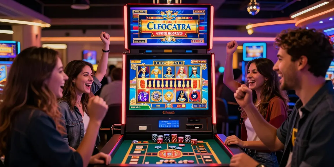 Excited players celebrating a win on the Cleocatra slot at an online casino