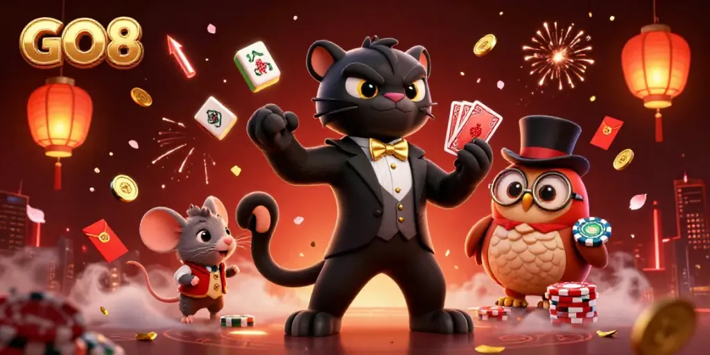 GO8 themed digital illustration showing a panther dealer, owl with poker chips, and a lucky mouse