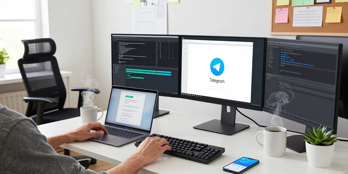 Telegram Download on a developer's workspace with multiple screens showcasing apps and code.