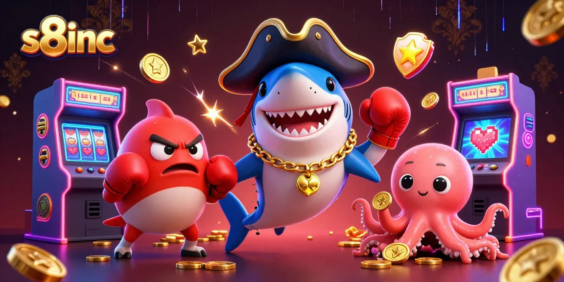 Win big with s8inc in this vibrant 3D cartoon casino scene featuring colorful gaming elements.