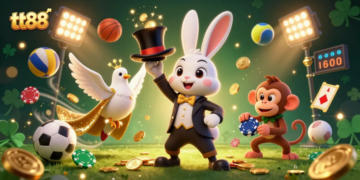 Engage in thrilling betting excitement at tt88 with a vibrant casino illustration featuring magical characters and dynamic game elements.