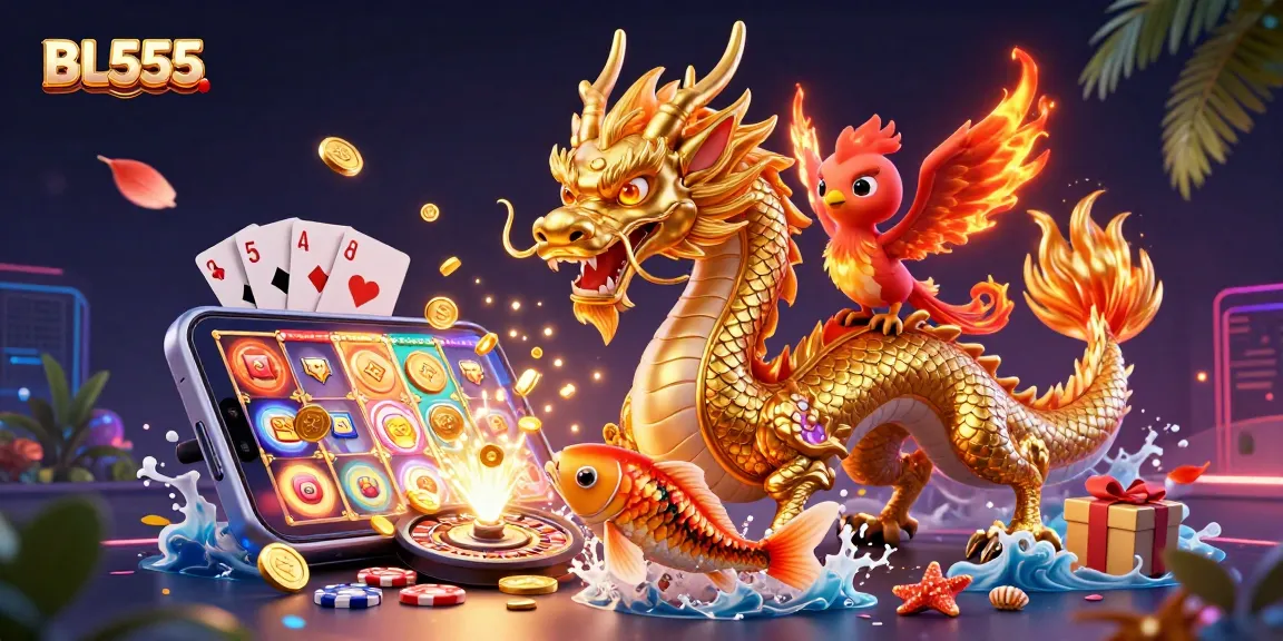 Experience exhilarating gaming at BL555 with slots, dragons, and vibrant coins raining down.