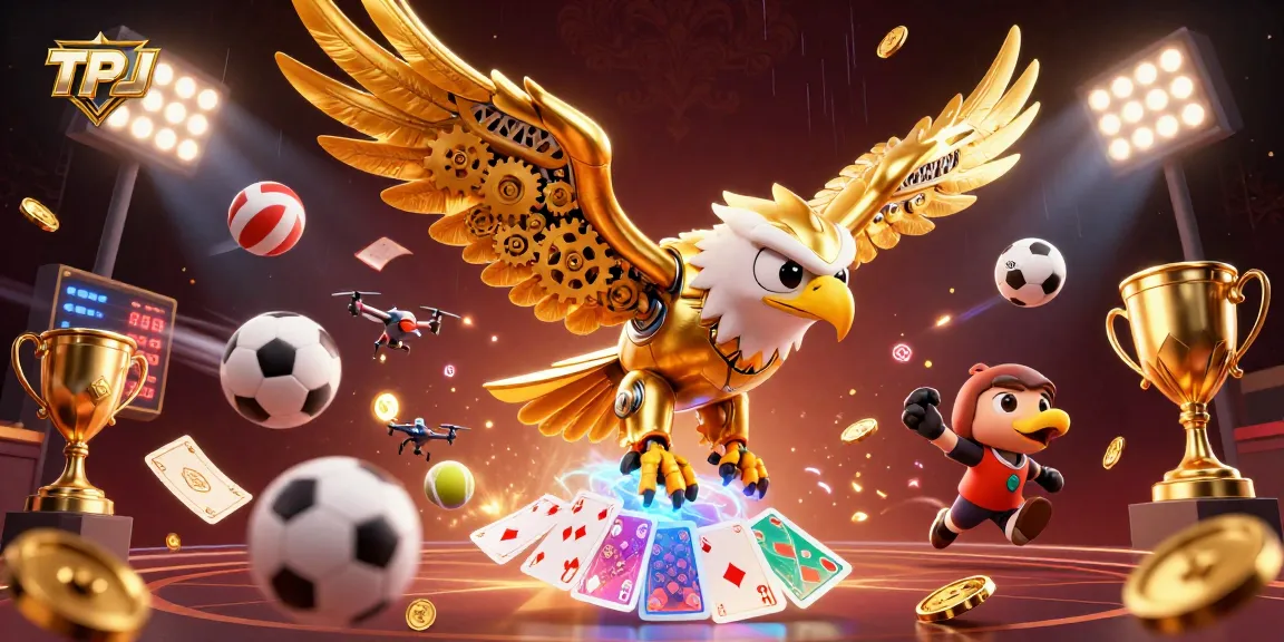 Experience the exhilarating action of TPJ as the golden eagle dives amidst holographic cards and vibrant game elements.