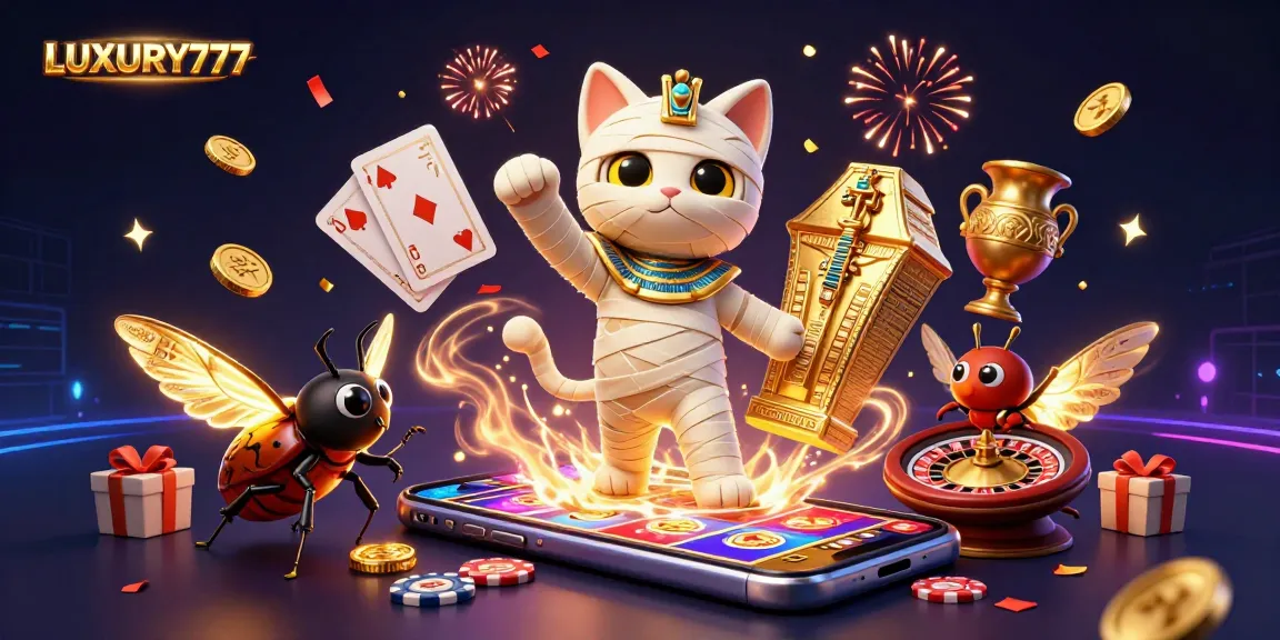 Mainkan LUXURY777 dengan mumi kucing di kasino piramida dan semua elemen judi lainnya.