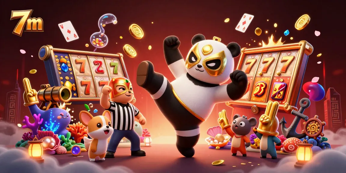 Engage with 7m as the panda wrestler kicks, surrounded by vibrant slots and cheering animal fans.