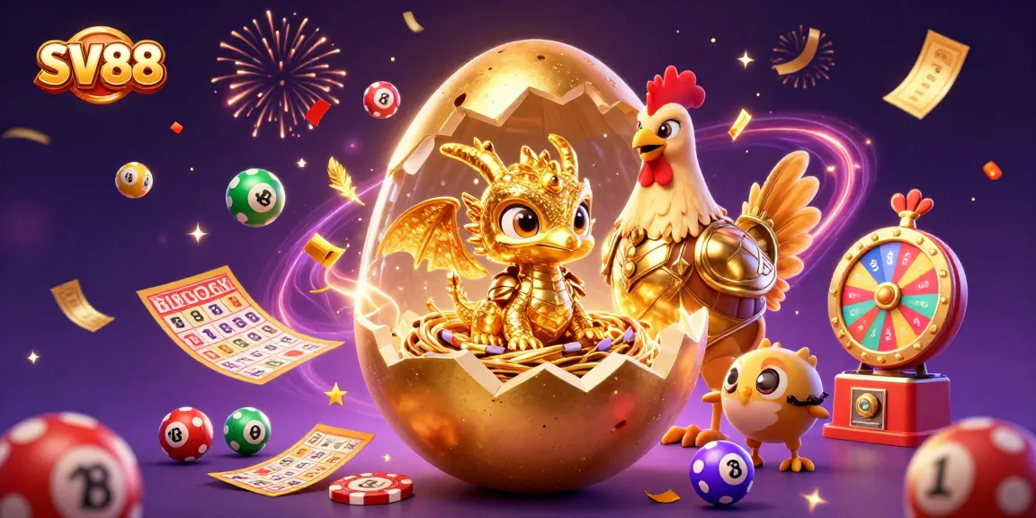 Engage with SV88 as the golden dragon emerges from the egg surrounded by vibrant casino elements.