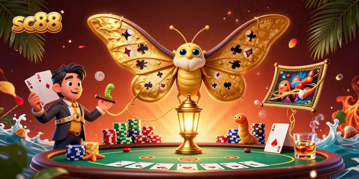 Experience thrilling casino action with SC88, featuring vibrant golden moths and poker elements.