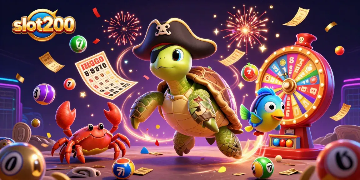 Slot200 menampilkan kasino virtual dengan karakter lucu dan simbol permainan menarik di atas latar gemerlap.