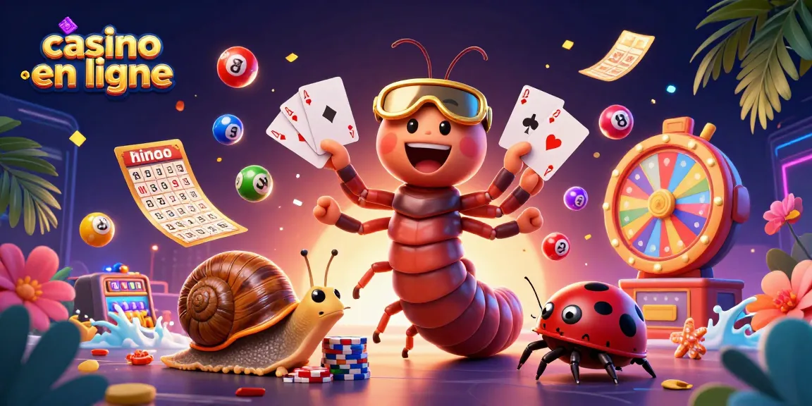 Casino en ligne : animation dynamique avec un croupier millipède et des jeux de loterie colorés.