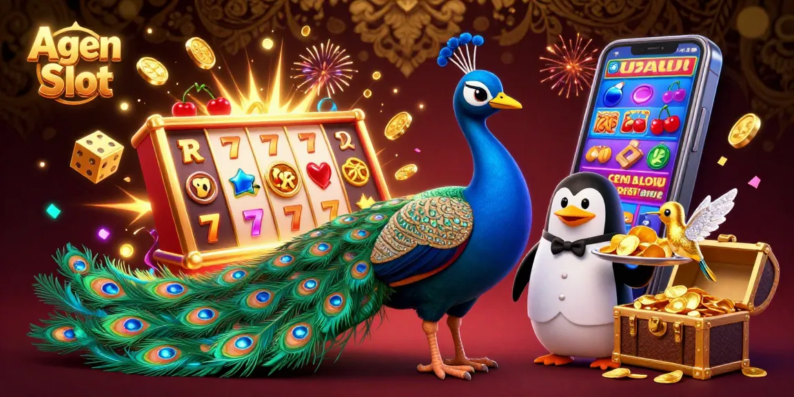 Agen Slot illustration showcasing a vibrant scene with colorful casino game elements, featuring a peacock, penguin, and hummingbird.