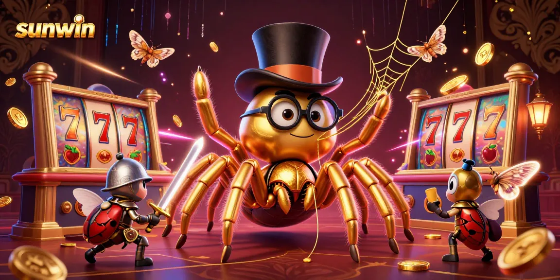 Experience the excitement of sunwin with vibrant slot reels and a golden spider weaving webs of fortune.